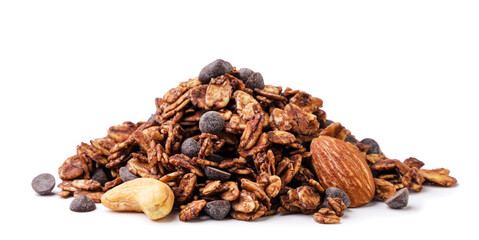 Pile of chocolate granola with nuts close-up on a white background. Isolated