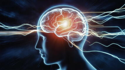 A stylized head with a glowing brain is overlaid with a digital network