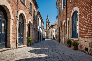 Fototapeta premium Narrow stone paved street with brick and white plastered arcs above leading to old town under blue sky