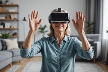 Mature woman with virtual reality headset stretching hands while playing at home