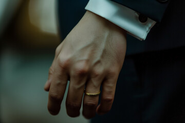 Close-up of a married mans hand wearing a gold wedding band
