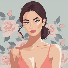 Vector illustration of a young beautiful woman of European appearance with clean and well-groomed facial skin from the front on a delicate floral background.
