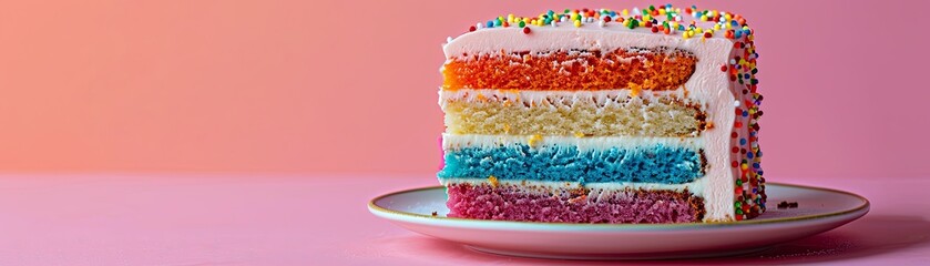 Fototapeta premium A slice of rainbow cake on a white plate against a pink background.