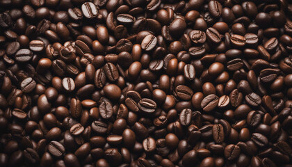 roasted arabica coffee beans top view, dark wooden background, copy space for text
