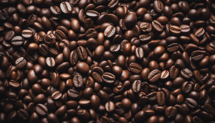 Obraz premium roasted arabica coffee beans top view, dark wooden background, copy space for text 