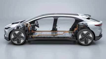 Modern electric car bisected to showcase interior technology and advanced battery system