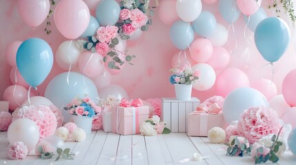 A pink and white balloon background with birthday gifts, balloons, flowers, and boxes on the floor. 
