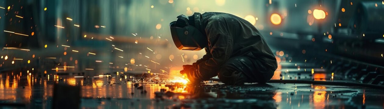 A welder wearing protective gear is welding a metal pipe in a shipyard. The sparks from the welding are flying in all directions. The welder is focused on his work.