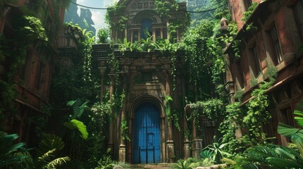 A lush forest concept with a large building in the middle. The building has a blue door and is surrounded by vines.
