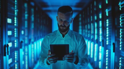 A handsome IT specialist uses a tablet computer in a data center. A successful businessman and entrepreneur is looking out over a large server farm.