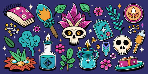 Naklejka premium Cartoon set of stickers of magic and witchcraft.