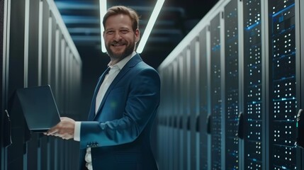 A smiling IT specialist works in a data center. A successful entrepreneur looks out on a cloud computing farm.