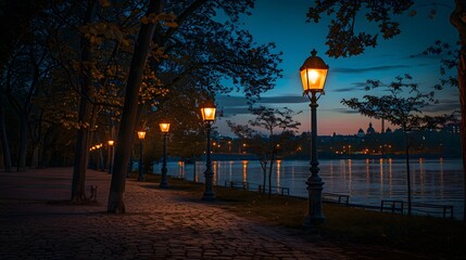 A row of street lamps along the riverbank at night, illuminating trees and walking paths with soft light. The background is a dark blue sky.
