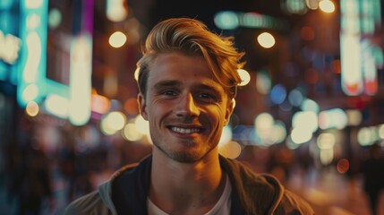 Fototapeta premium Handsome Blonde Man looking at camera, standing at night with neon street lights in background. Confident Young Male with Stylish Hair. Close-up Portrait.