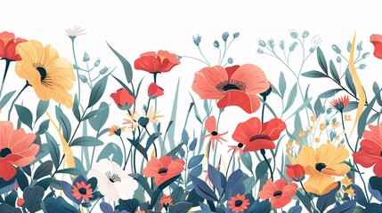 Naklejka premium floral backdrop decorated with gorgeous multicolored blooming flowers and leaves border. floral background with copy space, Spring botanical flat vector illustration on white background