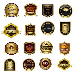 Set of Quality Badges and Labels Design Elements. Golden badge labels and laurel retro vintage collection. Emblem premium luxury logo in retro style template badges collection.