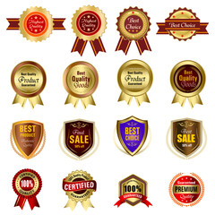 Set of Quality Badges and Labels Design Elements. Golden badge labels and laurel retro vintage collection. Emblem premium luxury logo in retro style template badges collection.