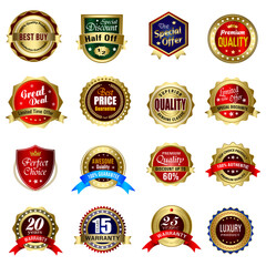 Set of Quality Badges and Labels Design Elements. Golden badge labels and laurel retro vintage collection. Emblem premium luxury logo in retro style template badges collection.