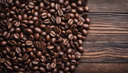 Obraz premium roasted arabica coffee beans top view, dark wooden background, copy space for text 