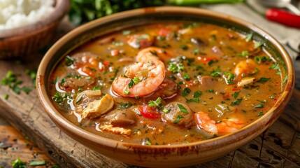Gumbo is an American cuisine dish common in the state of Louisiana. It is a thick soup with spices, similar in consistency to stew.