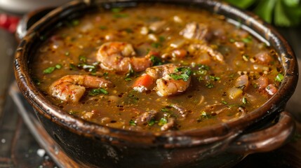 Gumbo is an American cuisine dish common in the state of Louisiana. It is a thick soup with spices, similar in consistency to stew.