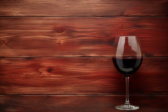 Single glass of red wine tastefully presented on a textured dark wood backdrop