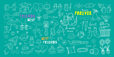 Cute set of friendship clipart in doodle style. Large collection with quotes, hearts, sweet, drinks, cats, dogs, sun, space, cups, party decoration. Hand drawn icons