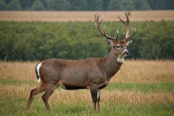 A buck looks off into the distance while standing in a field.