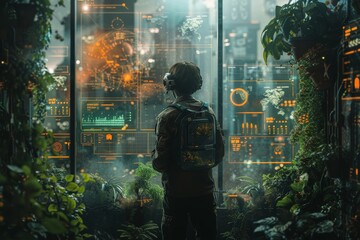 A man in a backpack is looking out a window at a city. The window is covered in plants and the man is wearing a headset. The scene is futuristic and the man is looking at a computer screen