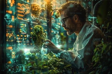 A man is looking at a plant in a green room with a computer screen behind him. The computer screen is displaying a lot of numbers and graphs. The man is wearing glasses and he is focused on the plant