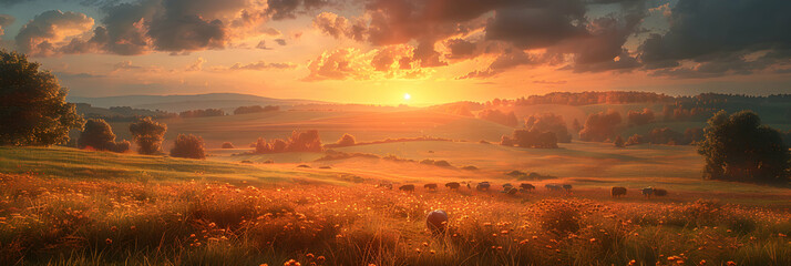 Sunset over picturesque farm fields and livestock in serene pastoral landscape   Photo realistic concept capturing the tranquility of rural sunset
