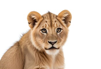 A portrait of a young African lion cub with a fur coat and piercing eyes against a plain white...