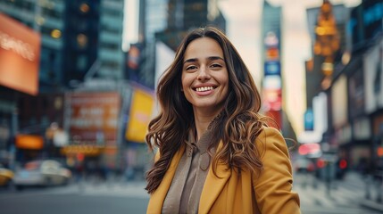 The image shows a beautiful and happy adult businesswoman posing out on the street on her way to work. The background includes office buildings and billboards.