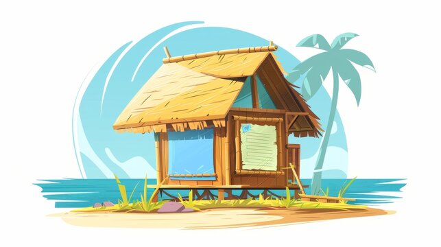 recommend clip art: Hawaii beach wooden construction with hay roof and bamboo menu, tropical cabin on piles for selling drinks or snacks, summer party shacks, modern illustration, icons, clipart, Cartoon modern