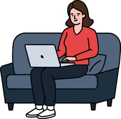 girl with laptop sitting on the sofa. Freelance or studying concept. Cute illustration in flat style.