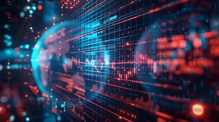 Obraz premium Abstract news background with globe and stock market data, glowing light effects in blue, red and white colors, with motion blur. 