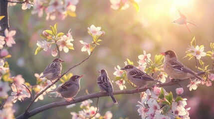 A flock of birds is singing happily on the branches of a tree with blooming spring flowers and sunlight. - Powered by Adobe