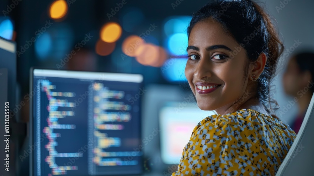 Wall mural the diverse office: portrait of a beautiful indian it programmer working on a desktop computer, smil