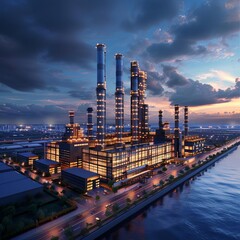 Obraz premium The impressive industrial complex stands tall, its towering structures reaching towards the heavens