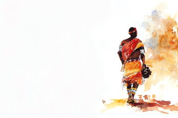 Zulu South Africa Man, Minimalistic watercolor, on a white background, cute and comical with empty copy space.