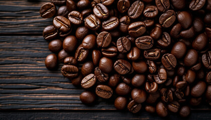 Fototapeta premium roasted arabica coffee beans top view, dark wooden background, copy space for text 
