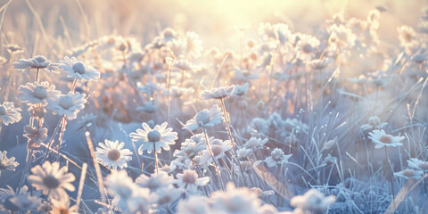 A field of white flowers with frost on them