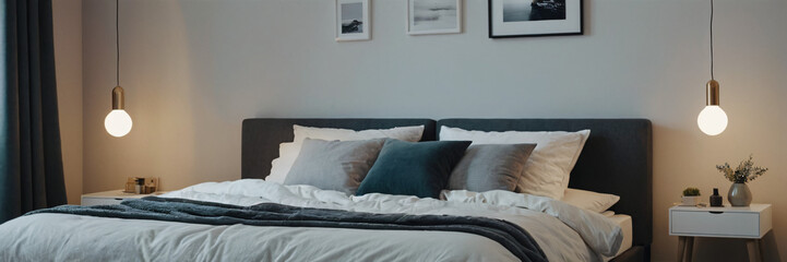 Scandinavian interior design of modern bedroom.