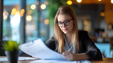Fototapeta premium Female Accountant Portrait with Financial Documents, Female accountant, portrait, financial documents
