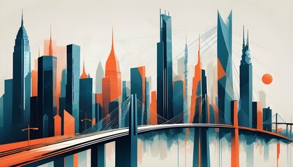 Abstract cityscapes with skyscrapers bridges and