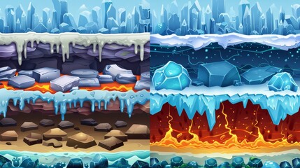 Game levels with seamless texture of ice, water, and lava. Modern cartoon set of platforms with hot magma and stones, frozen water, and sea water.