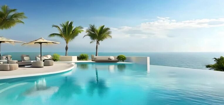A luxurious villa with a large pool and palm trees merges with the sea horizon, hotel holiday advertisement, ideal for travel and tourism