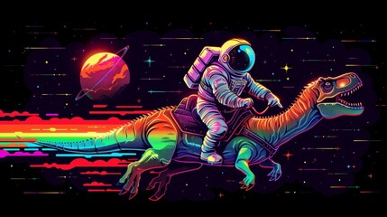 An astronaut in a spacesuit is riding a T-Rex dinosaur through outer space