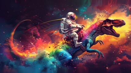 Obraz premium An astronaut in a spacesuit is seen riding a ferocious T-Rex dinosaur through the vast expanse of outer space