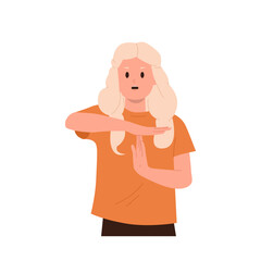 Teenage girl child cartoon character showing enough, stop, break gesture hand sign isolated on white